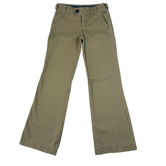 American Eagle Women's Size 2 Khaki Wide Leg Pants Buckle Waist Y2K Vintage - Picture 1 of 13